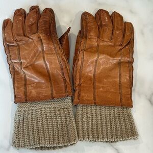 Vintage 1940s–50s  Leather Work Gloves with Wool Knit Cuffs Patina Deerskin Ranc